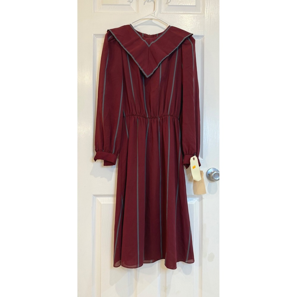 Burgundy Sailor Collar Dress Long Sleeve Striped Vintage Style Size‎ L